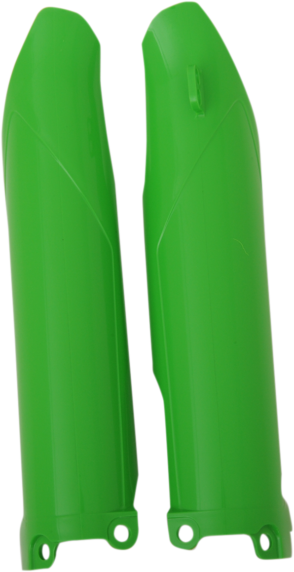Acerbis green lower fork covers for motorcycle front suspension, with shiny green protective body and mounting details.