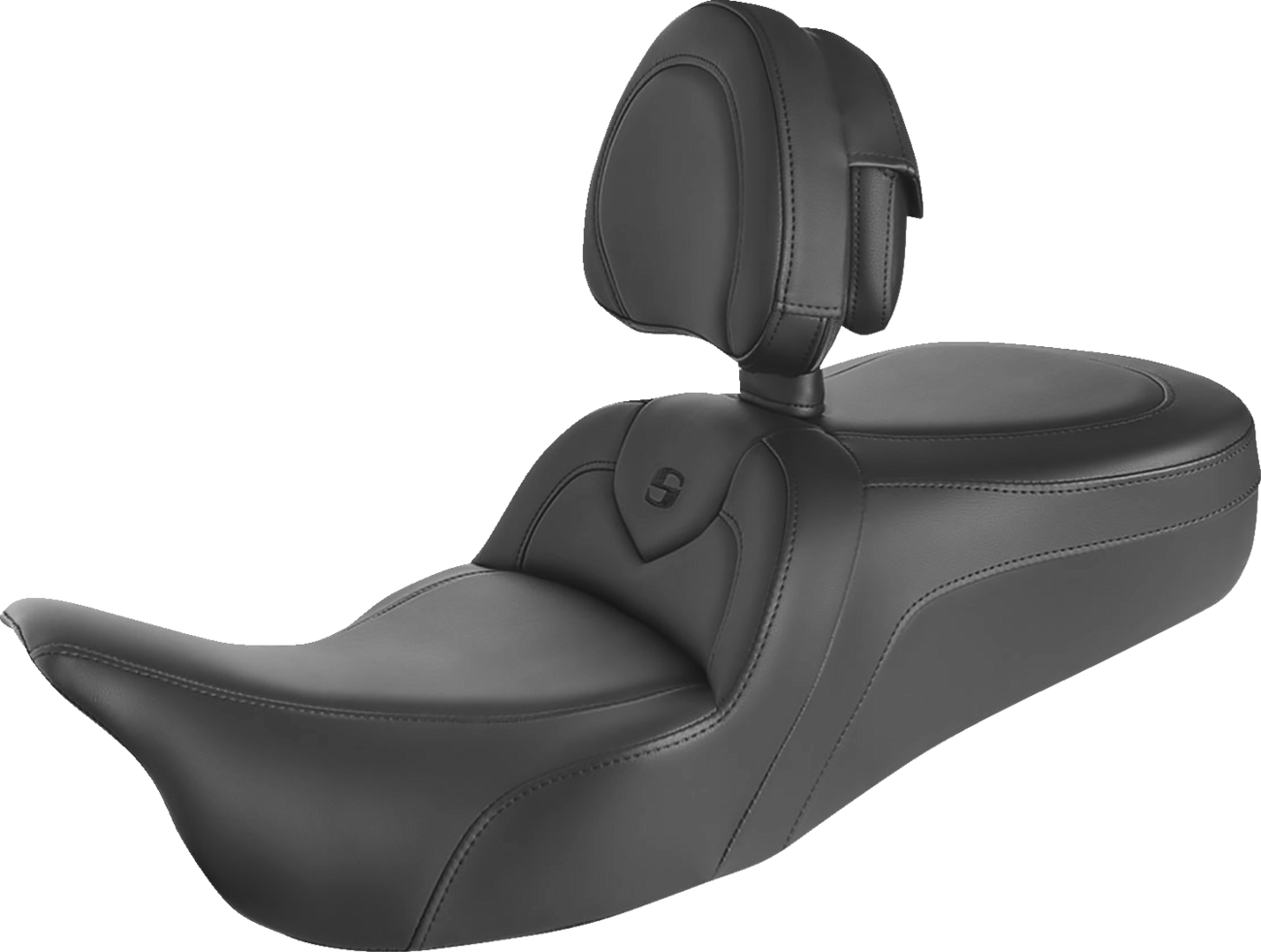 Bill's Exhausts RoadSofa motorcycle seat with backrest, black with black stitching, designed for trikes, model 808-07B-187TBR.
