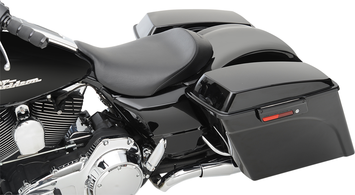 Black SADDLEMEN S3 Super Slammed Solo Seat for '08-'23 FLH/FLT motorcycles, designed for a sleek, custom look.