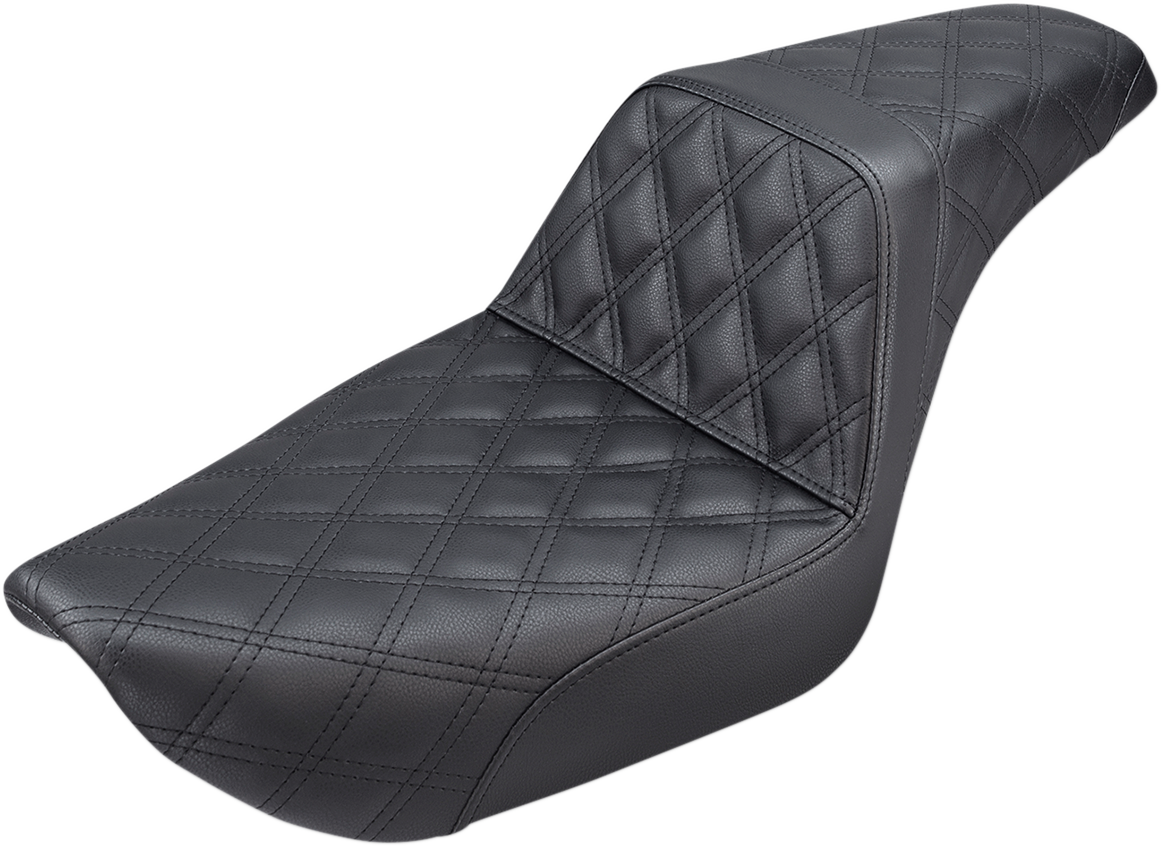 Black SADDLEMEN Step-Up Seat with full lattice stitch for Dyna bikes, featuring durable upholstery and detailed stitching.