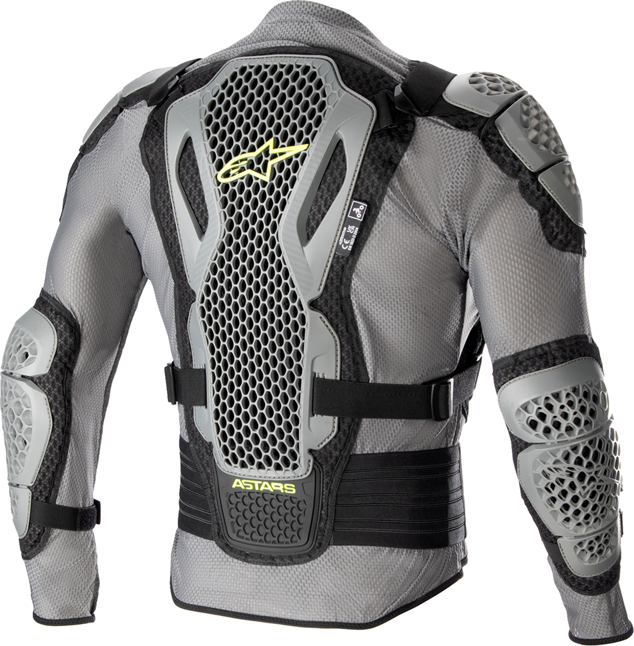 Alpinestars Bionic Action V2 protective jacket in gray, black, and yellow with visible padding and armor for motorcycle riding protection.