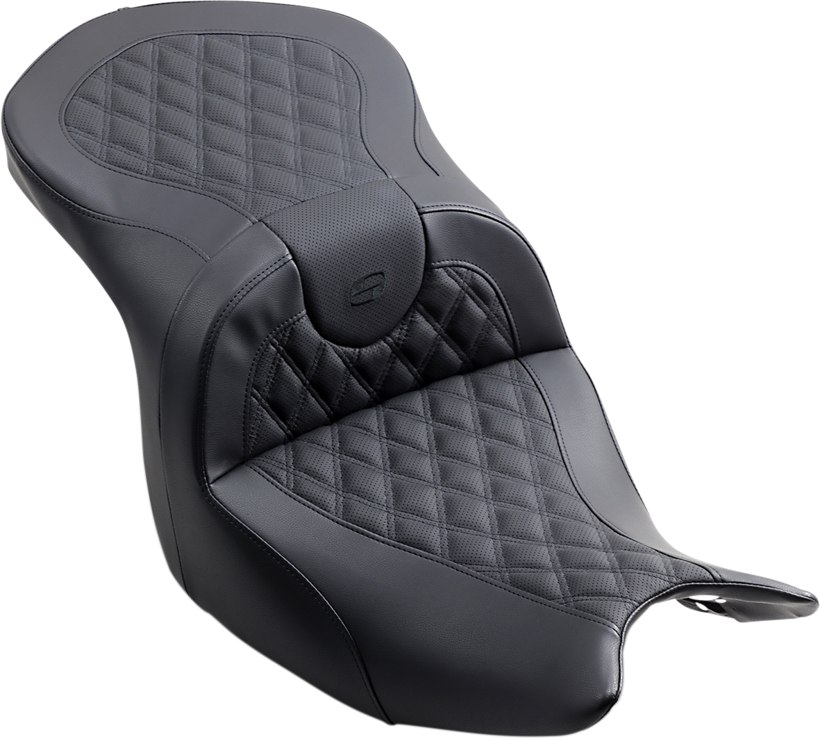 Black SADDLEMEN Roadsofa motorcycle seat with full lattice stitch, designed for road bikes, without backrest, by Bill's Exhausts.