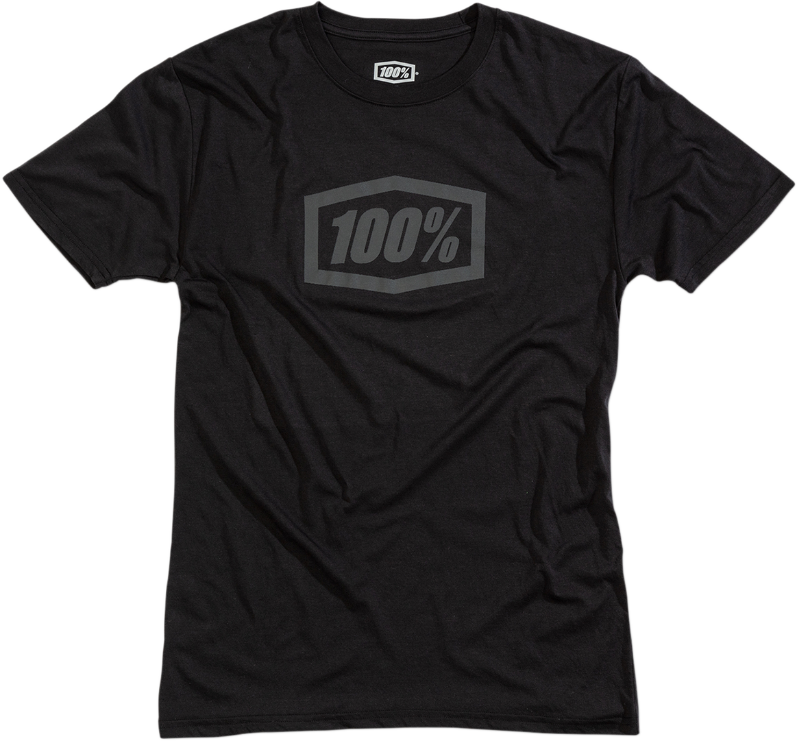 Black and gray 100% Tech Icon T-Shirt by Bill's Exhausts, small size, front view showing graphic design and comfortable fit.