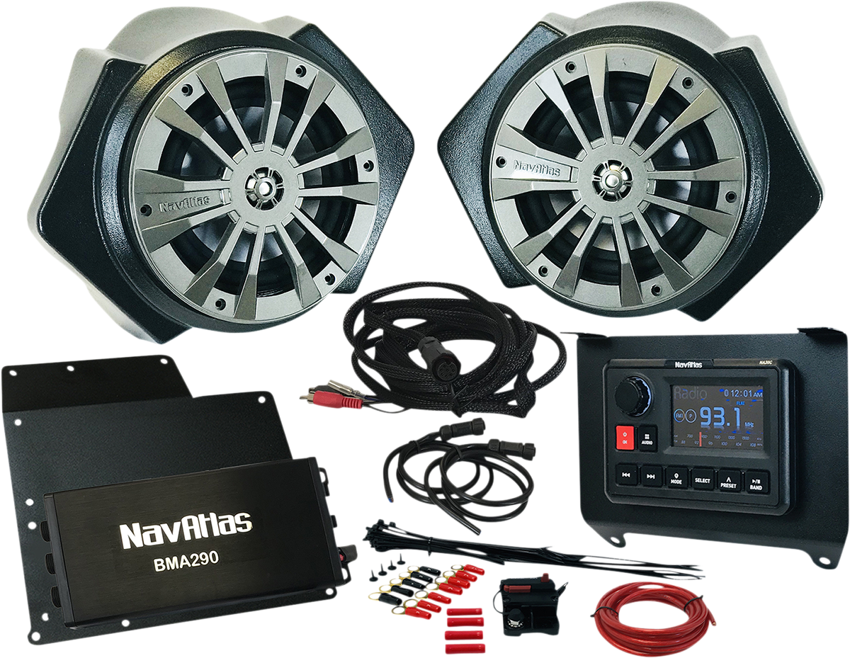 Bill's Exhausts NAVATLAS Audio Kit Zone 2 speakers for Turbo RZR1, showcasing sleek design and high-quality audio components.