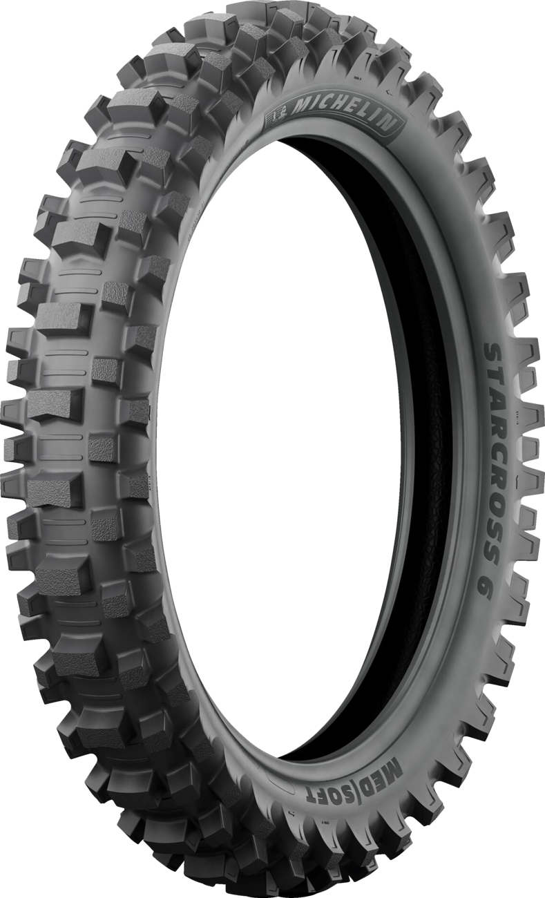 Michelin StarCross 6 Medium Soft rear motorcycle tire 110/90-19 with 62M load index, featuring tread pattern for off-road riding.