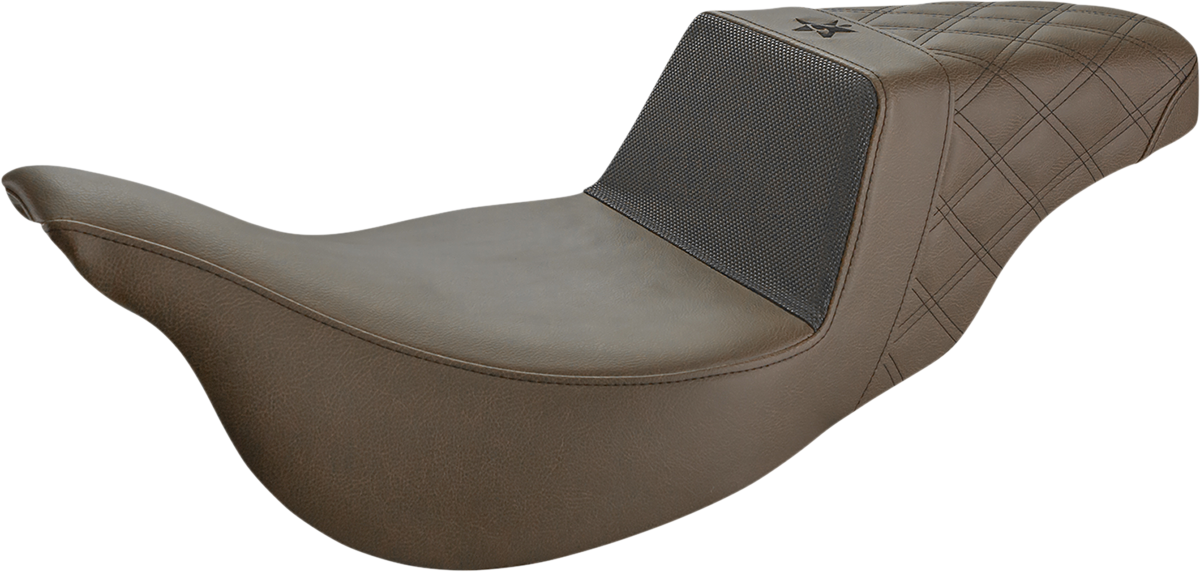 Saddlemens Unknown Industries extended reach motorcycle seat in brown with carbon fiber, gripper surface, and lattice stitching for FL 2008-2023