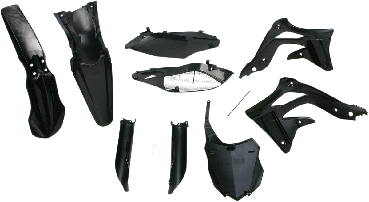 A black Acerbis full replacement body kit for motorcycles, featuring sleek panels and aerodynamic design.