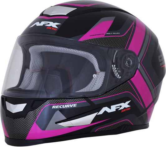 Black and fuchsia AFX FX-99 recurve helmet in size XS, featuring sleek design and aerodynamic shape.