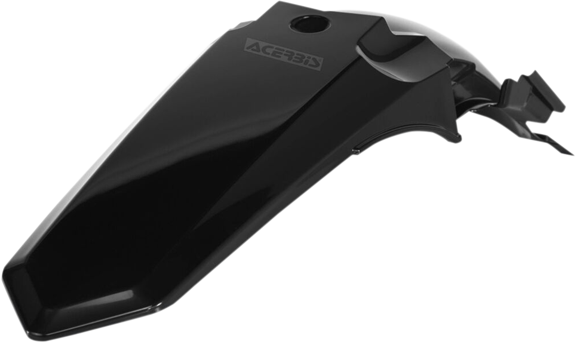 A black Acerbis rear fender body part designed for motorcycles, shown in a close-up image with mounting points visible.