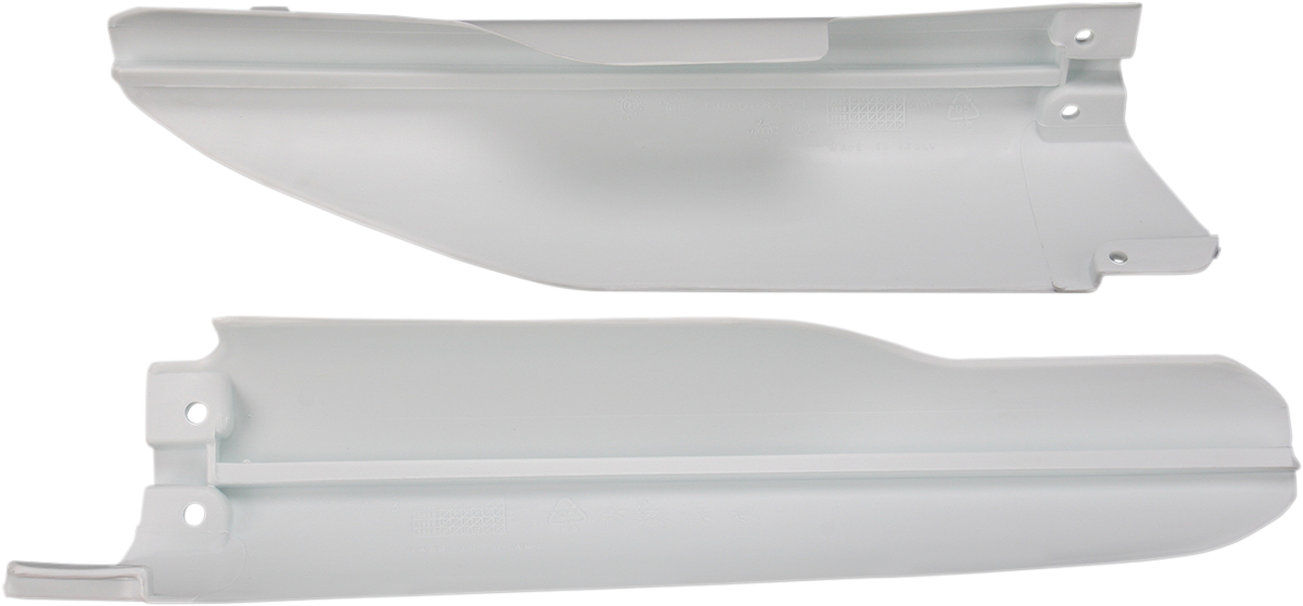 White ACERBIS lower fork covers for RM 125/250 1999-2003 motorcycle, designed for durability and optimal fit.