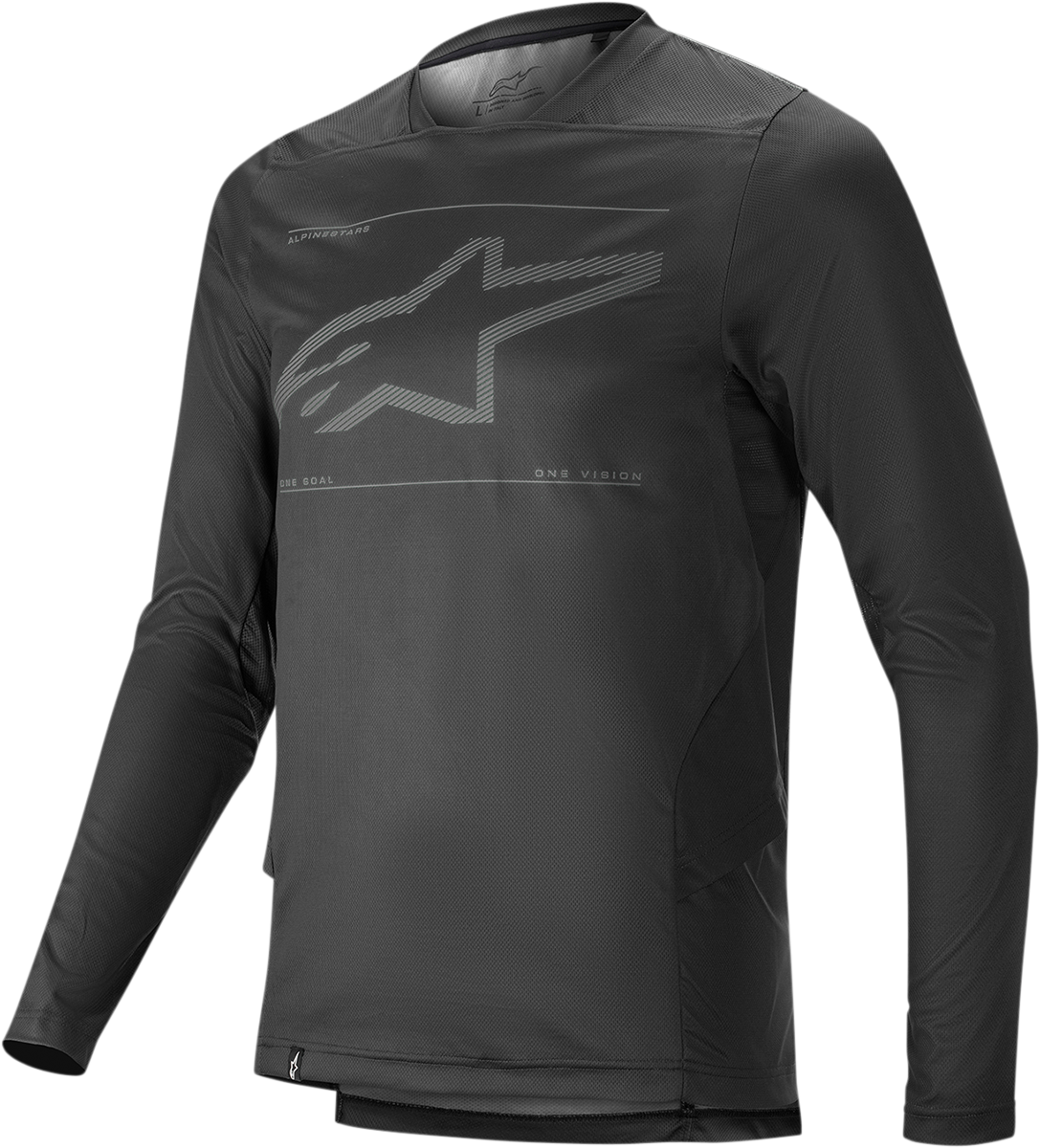 Alpinestars Drop 6.0 long-sleeve jersey in black, size 2XL, featuring lightweight fabric and branding details.