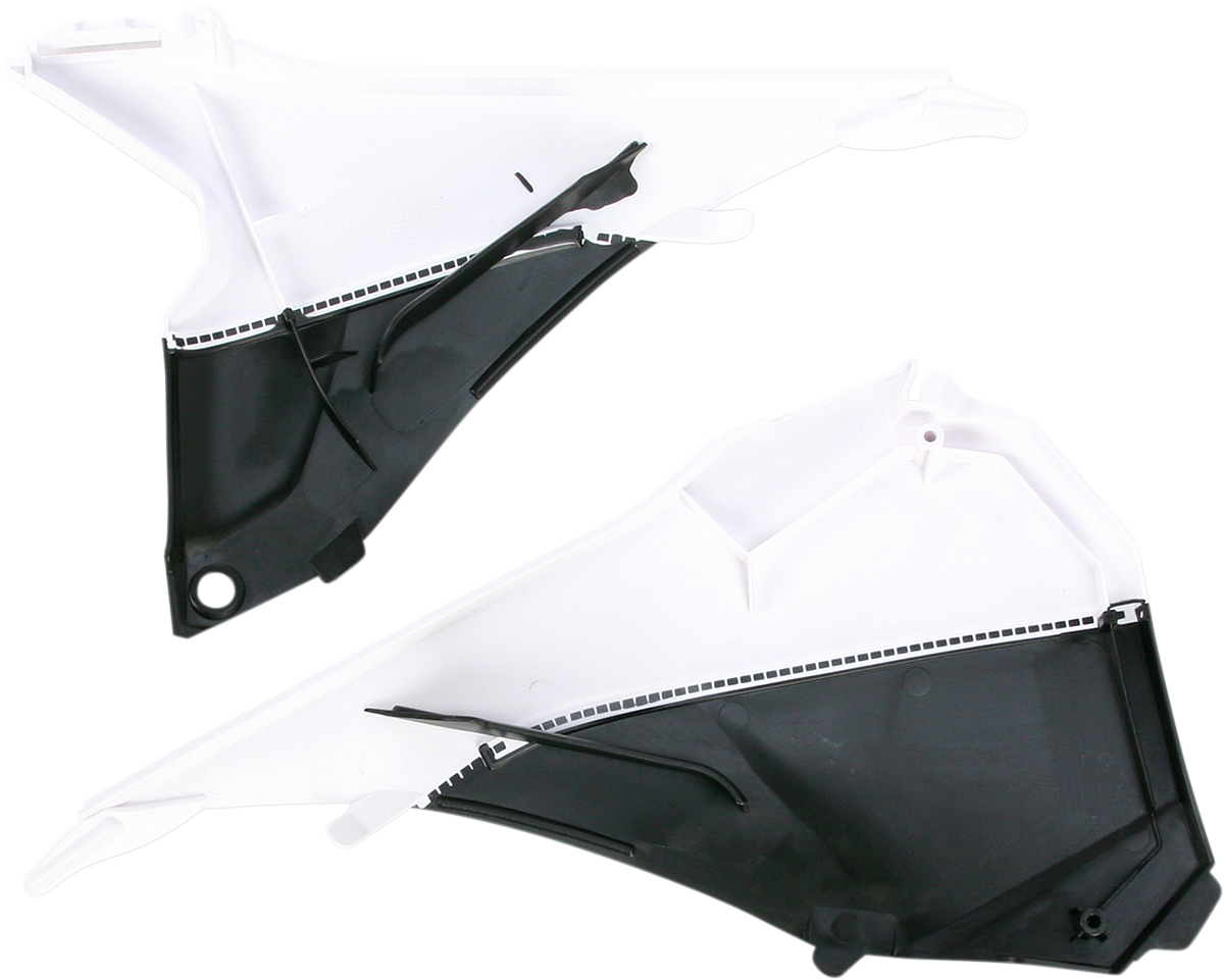 Acerbis Airbox Cover in white and black, motorcycle body part designed for optimal air intake, professional-grade motorcycle accessory.