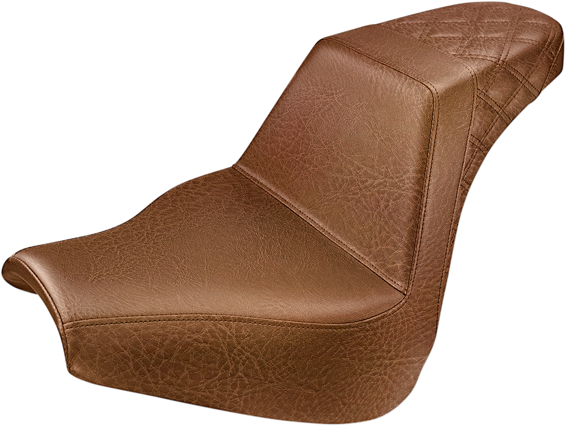 Brown SADDLEMEN Step-Up Rear Seat with lattice stitch design, suitable for motorcycle, by Bill's Exhausts.