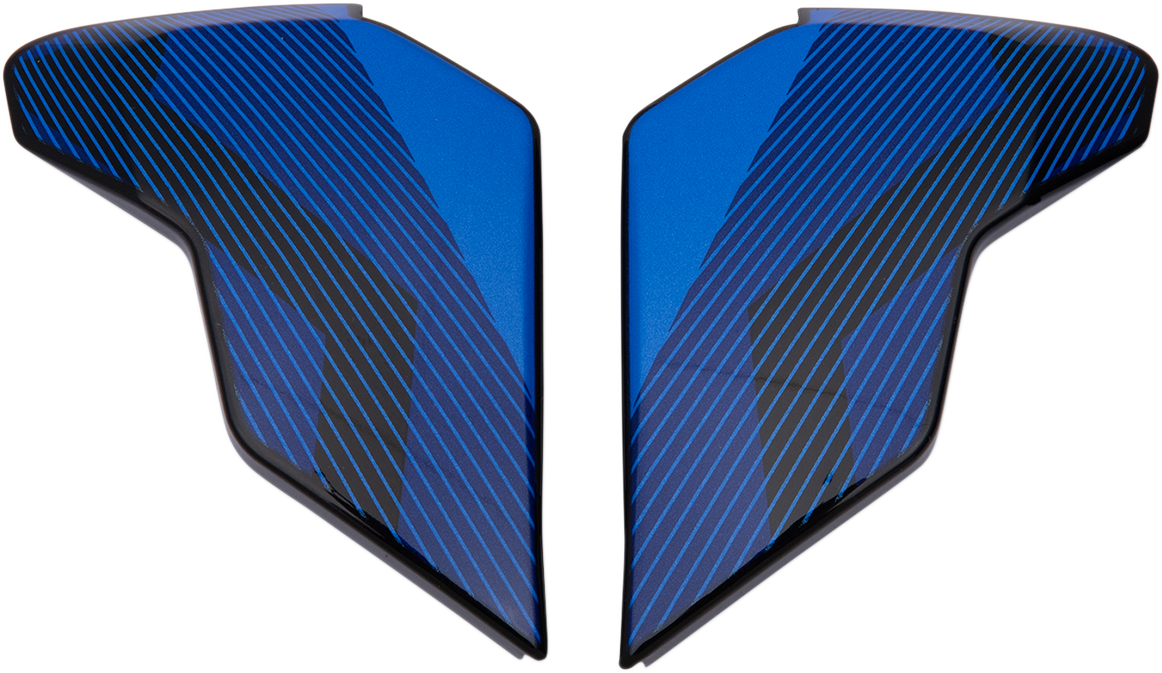 Blue ICON Airflite™ Side Plates for QB1 helmet by Bill's Exhausts, showing detailed side design and branding.