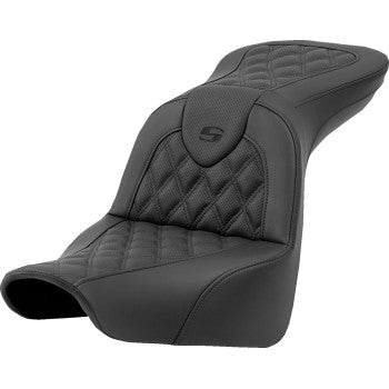 SADDLEMEN Roadsofa™ seat with lattice stitch, no backrest, for FXLR/FLSB 2018-2023, by Bill's Exhausts, shown from side angle.