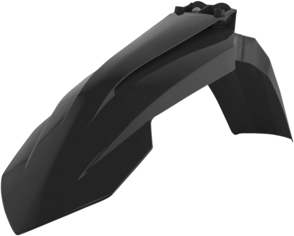 Black Acerbis front fender for motorcycle, part of Bill's Exhausts body accessories, designed to protect and enhance bike appearance.