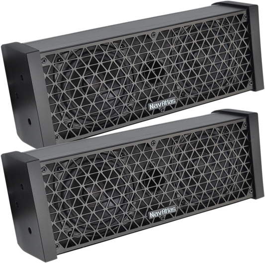 Bill's Exhausts NAVATLAS SB235 passive soundbar speakers with sleek black design and compact form, ideal for home audio setups.