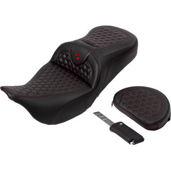 Bill's Exhausts SADDLEMEN RoadSofa™ seat in honeycomb red stitch with backrest for FLH/FLT 2008-2023 motorcycle.