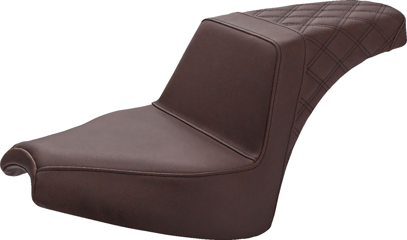 Bill's Exhausts SADDLEMEN Step Up Seat in brown for front smooth and rear lattice sections, designed for motorcycle comfort.