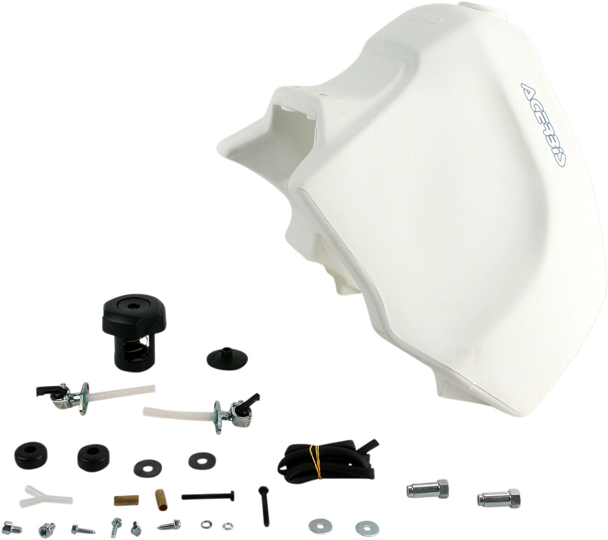 White Acerbis gas tank for Suzuki DR 350, 4.25-gallon capacity, motorcycle body part with mounting points and brand logo.