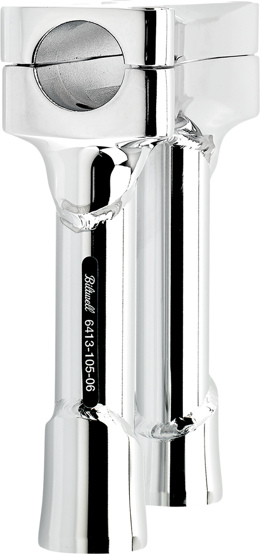 Chrome BILTWELL Murdock Oversized 6-inch handlebars risers for motorcycle handlebars by Bill's Exhausts, shown from side angle.