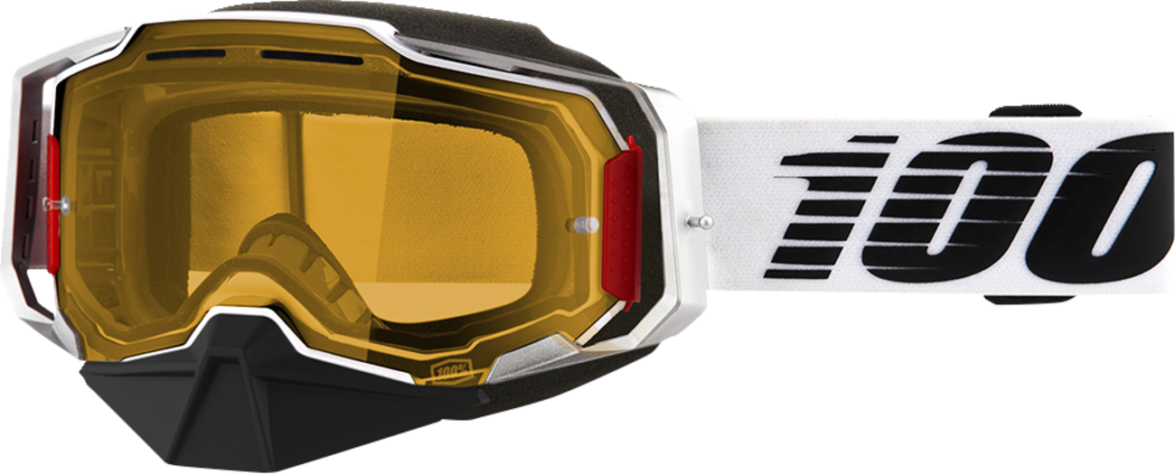 Bill's Exhausts 100% Armega Snow Goggles Lightsaber Yellow with tinted lenses and adjustable strap for winter sports.