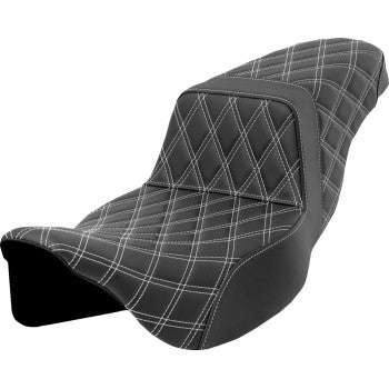 Bill's Exhausts SADDLEMEN Step-Up Seat with white lattice stitch and extended reach for FLH/FLT models 2008-2023.