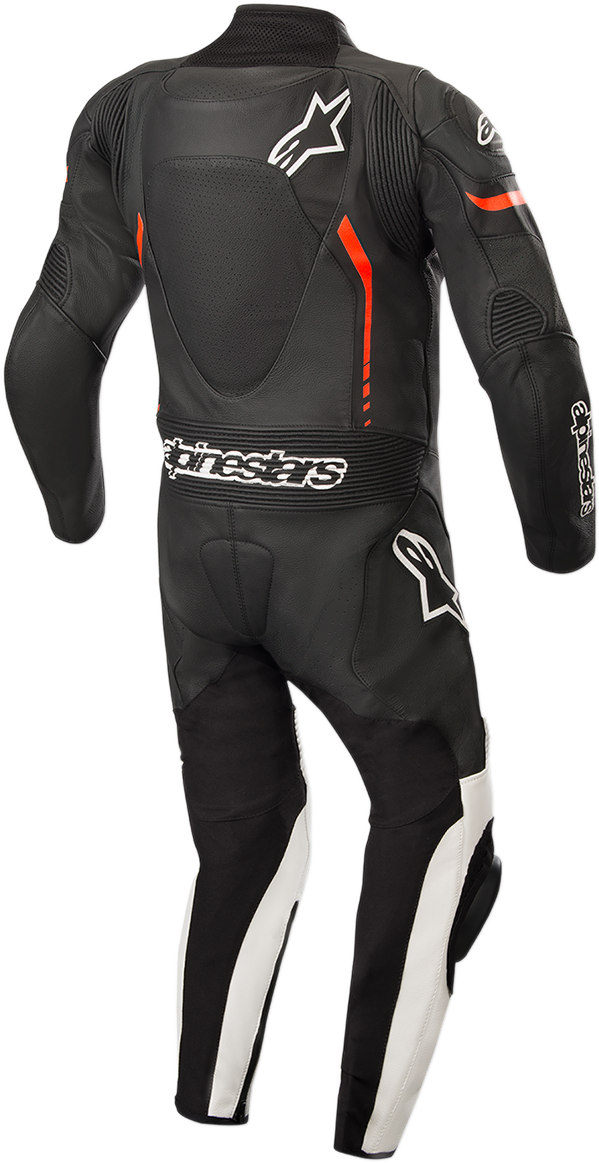 Alpinestars youth GP Plus 1-piece leather motorcycle suit in black, white, and red fluorescent with padded design and racing style.