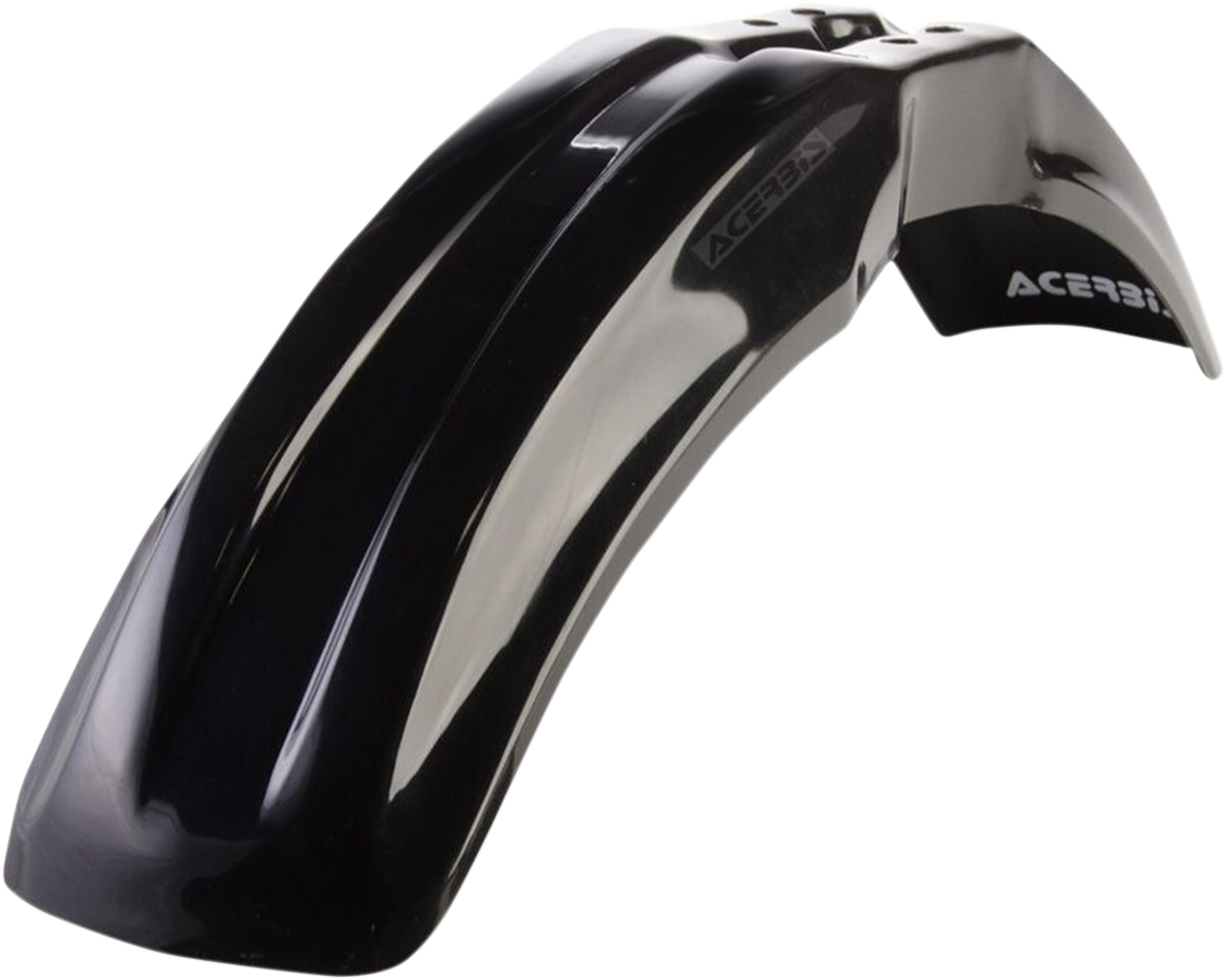 Black Acerbis front fender for motorcycle, body part with mounting points, designed for durability and fit.