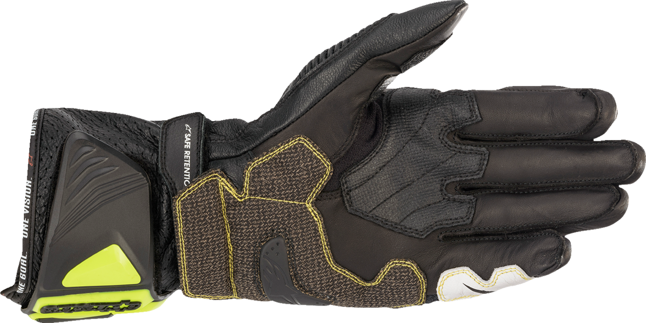 Alpinestars GP Tech V2 S motorcycle gloves in black, fluo yellow, white, and fluo red, medium size, showing protective design