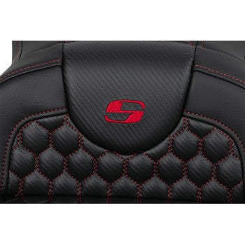 Bill's Exhausts SADDLEMEN RoadSofa™ seat in honeycomb red stitch, extended reach, without backrest, for FLH/FLT '08-'23 motorcycle