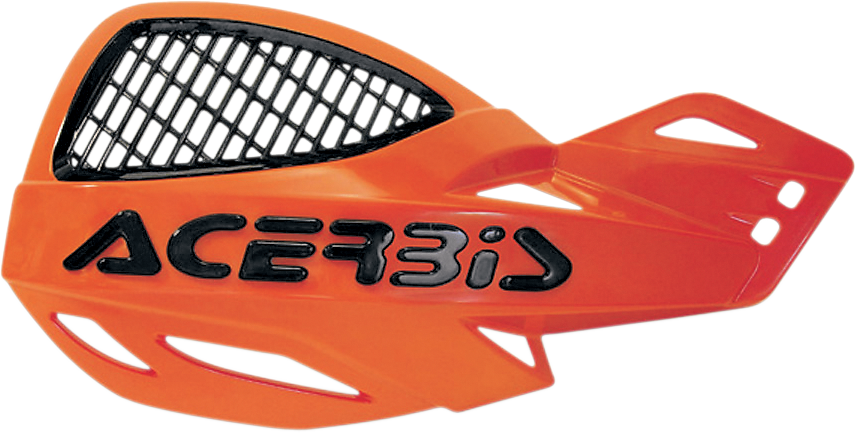 Acerbis Uniko vented orange handguards for motorcycles, mounted on handlebars, with a sleek aerodynamic design.