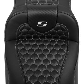 Bill's Exhausts SADDLEMEN Roadsofa™ extended reach motorcycle seat with backrest, honeycomb design, silver stitching for FLTR/FLHX 2023-2024
