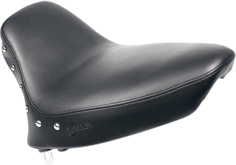 Black SADDLEMEN Renegade Solo seat with studs and smooth leather for Softail motorcycles, designed for comfort and style.