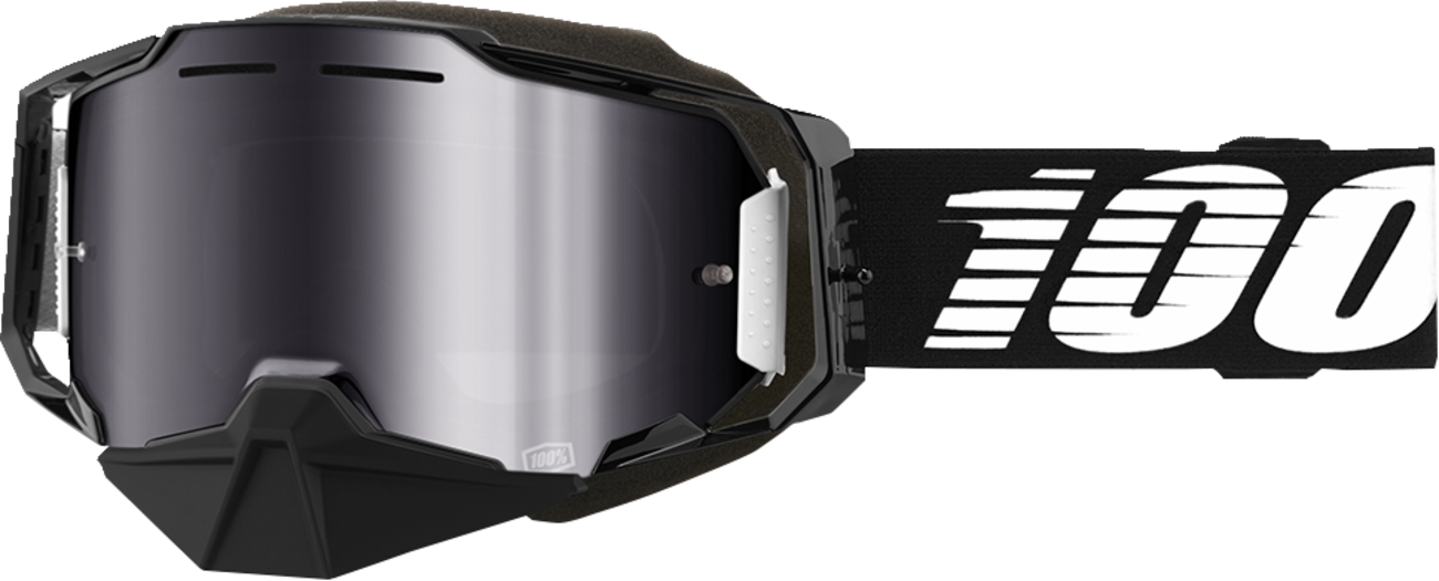 Bill's Exhausts 100% Armega Snow Goggles in black with silver mirror lenses, featuring a sleek design for winter sports.