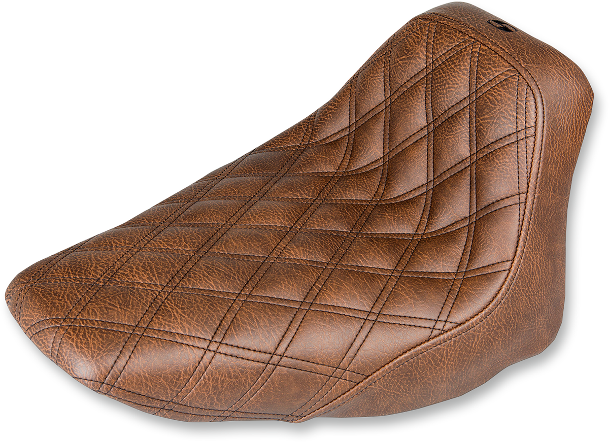 Brown SADDLEMEN Renegade Solo Seat with lattice stitching for FLST bikes, designed by Bill's Exhausts.