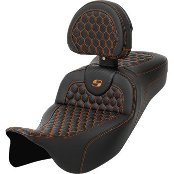 SADDLEMEN RoadSofa™ motorcycle seat by Bill's Exhausts, honeycomb orange stitch with backrest for FLH/FLT 2008-2023.