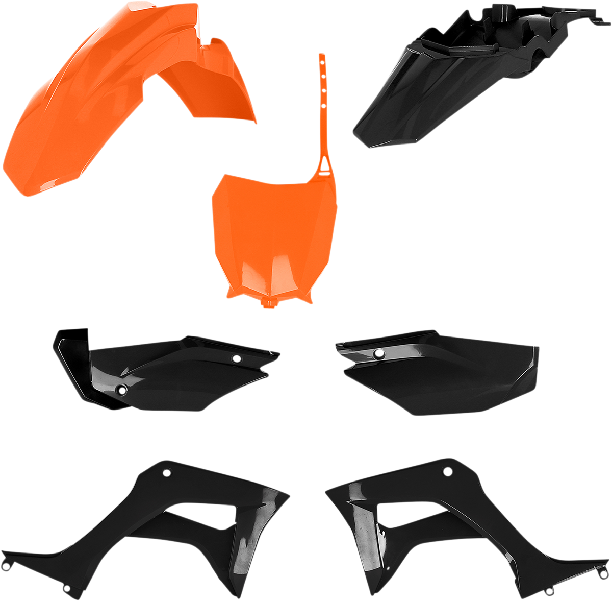 A bright orange and black Acerbis full replacement body kit for CRF110F motocross bike, featuring sleek design and durable construction.