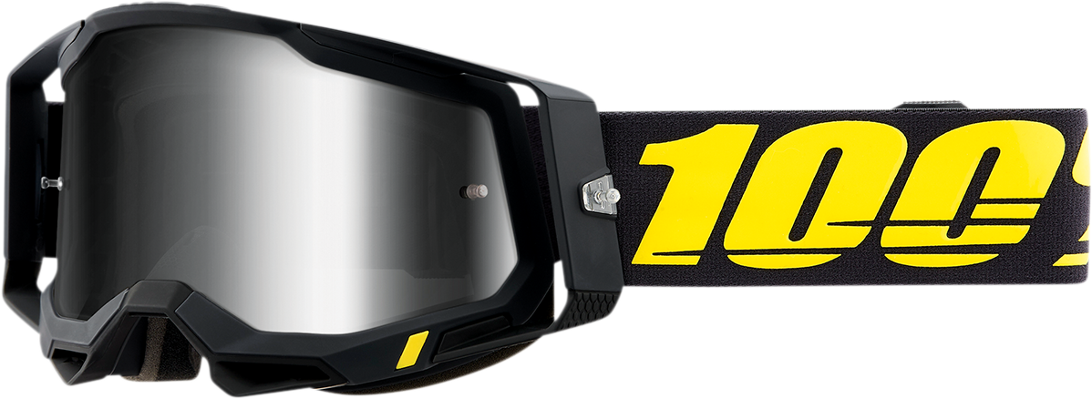 Bill's Exhausts 100% Racecraft 2 Goggles with silver mirror lenses, featuring a sleek design for motocross riding.