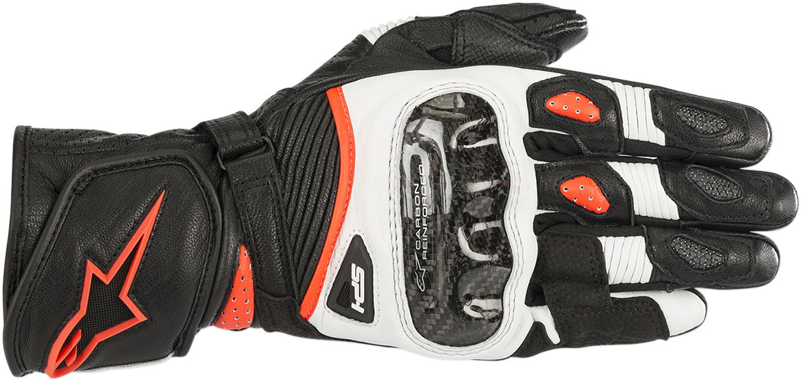 Alpinestars Women Stella SP-1 V2 motorcycle gloves in black, white, and fluo red with small size, featuring protective knuckles.