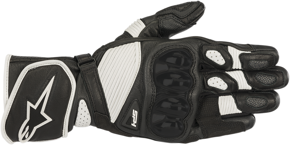 Alpinestars SP-1 V2 motorcycle gloves in black and white, 3XL size, featuring protective armor and breathable material.