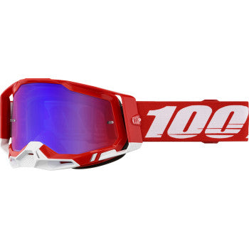 Bill's Exhausts 100% Racecraft 2 goggles in red with blue mirror lenses, featuring a sleek, aerodynamic design for racing and motocross.