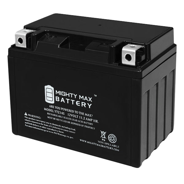 Mighty Max YTZ14S 12V 11.2Ah AGM sealed motorcycle battery with 230 CCA, shown in its packaging.