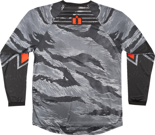 Gray camo ICON Tiger’s Blood jersey in 2XL by Bill's Exhausts featuring bold tiger and blood graphics on soft fabric.