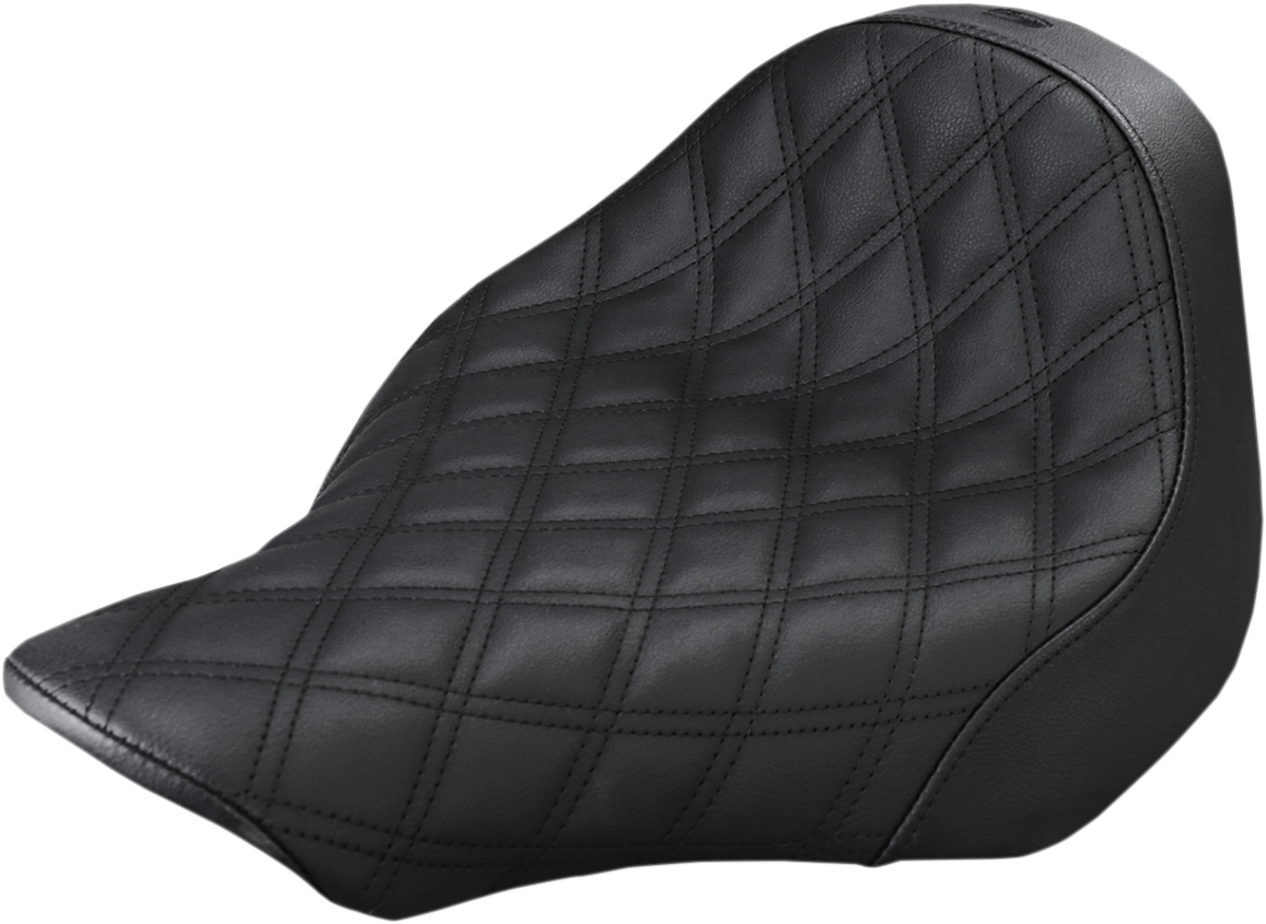 Black SADDLEMEN Renegade Solo Seat with lattice stitching for FXSB motorcycles, designed by Bill's Exhausts.