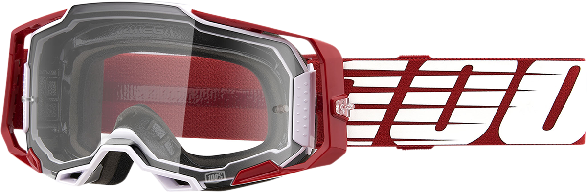 Bill's Exhausts 100% Armega goggles with oversized deep red frame and clear lenses, designed for outdoor sports and protection.