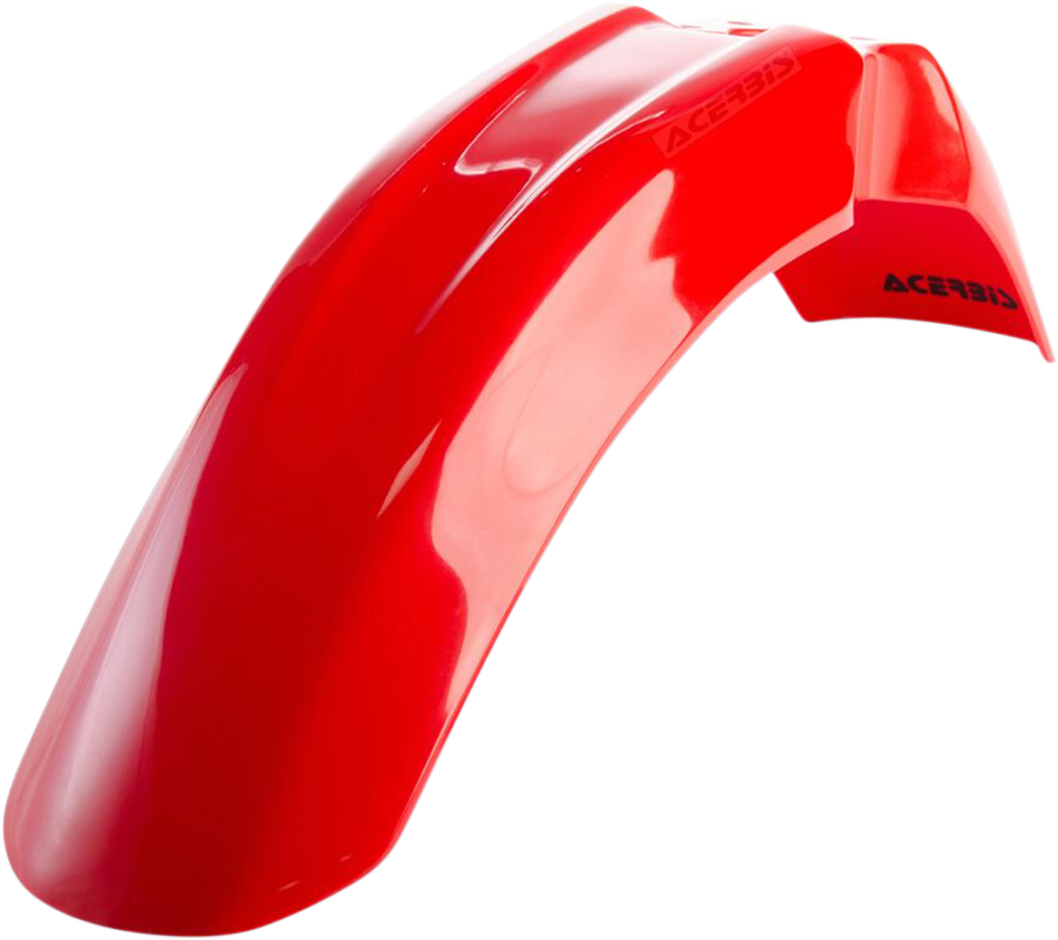 Red ACERBIS front fender for motorcycle, showcasing smooth body design and vibrant color, designed for durability and style.