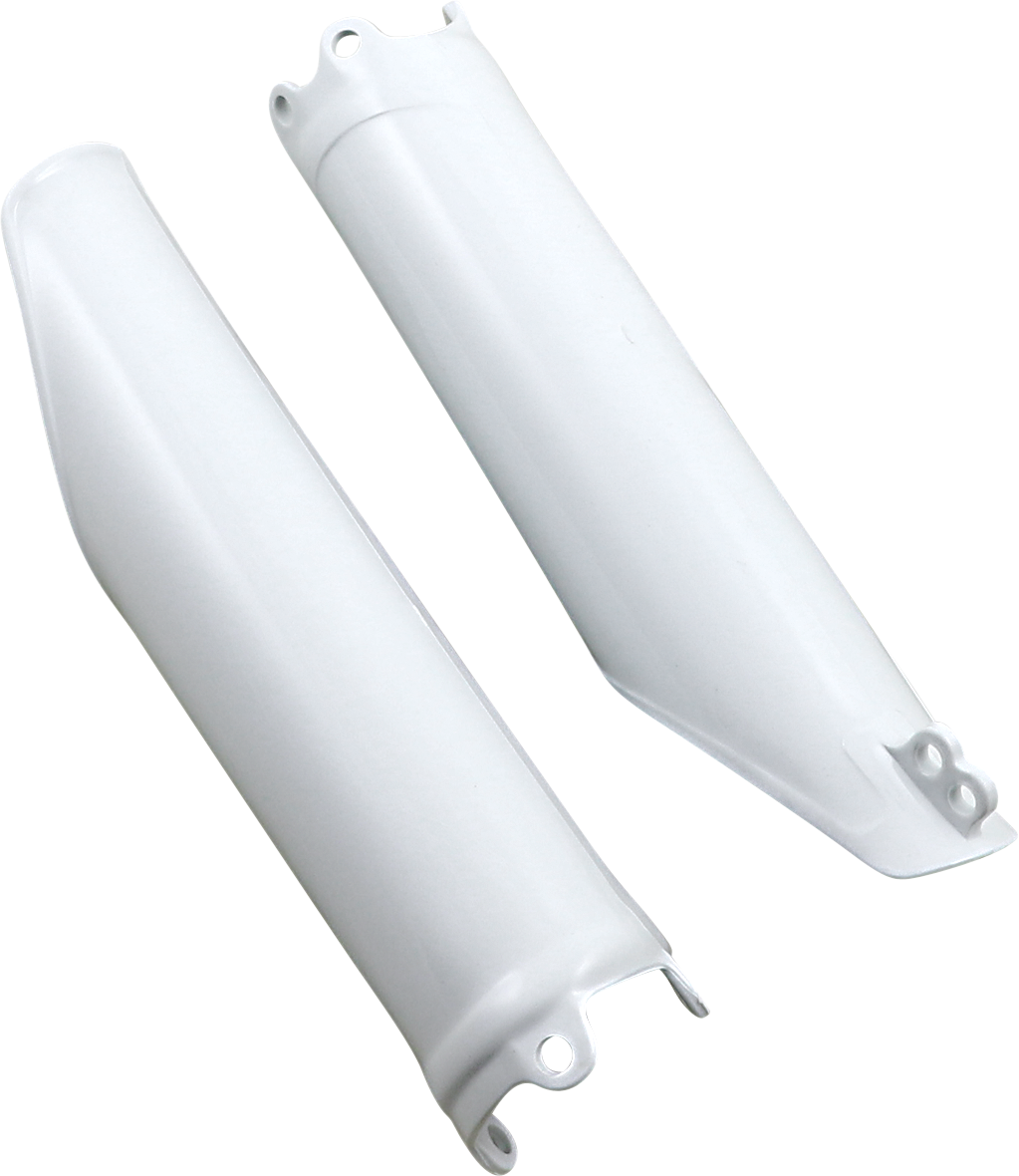 White Acerbis lower fork covers for motorcycle suspension, shown on a body panel with brand-specific design details