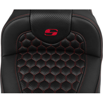 SADDLEMEN Roadsofa™ extended reach motorcycle seat with backrest, honeycomb design, red stitching for FLTR/FLHX 2023-2024