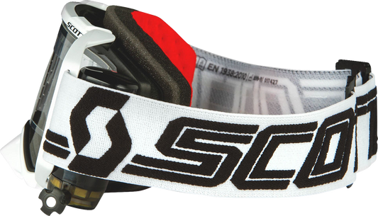 Scott Prospect Super WFS motocross goggles in white and black with clear lenses, designed for durable eye protection.